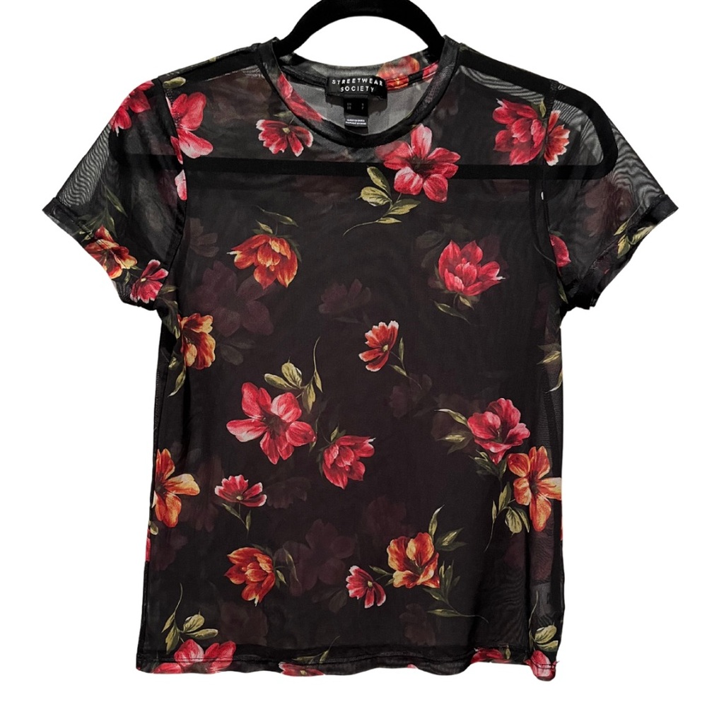 Streetwear Society Sheer Black and Red Floral Fitted Tee